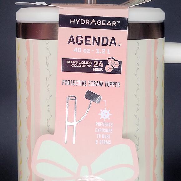 Hydragear Coquette Cream Floral Stripe Bow Straw Topper Agenda 40 oz Tumbler NEW - Picture 2 of 5